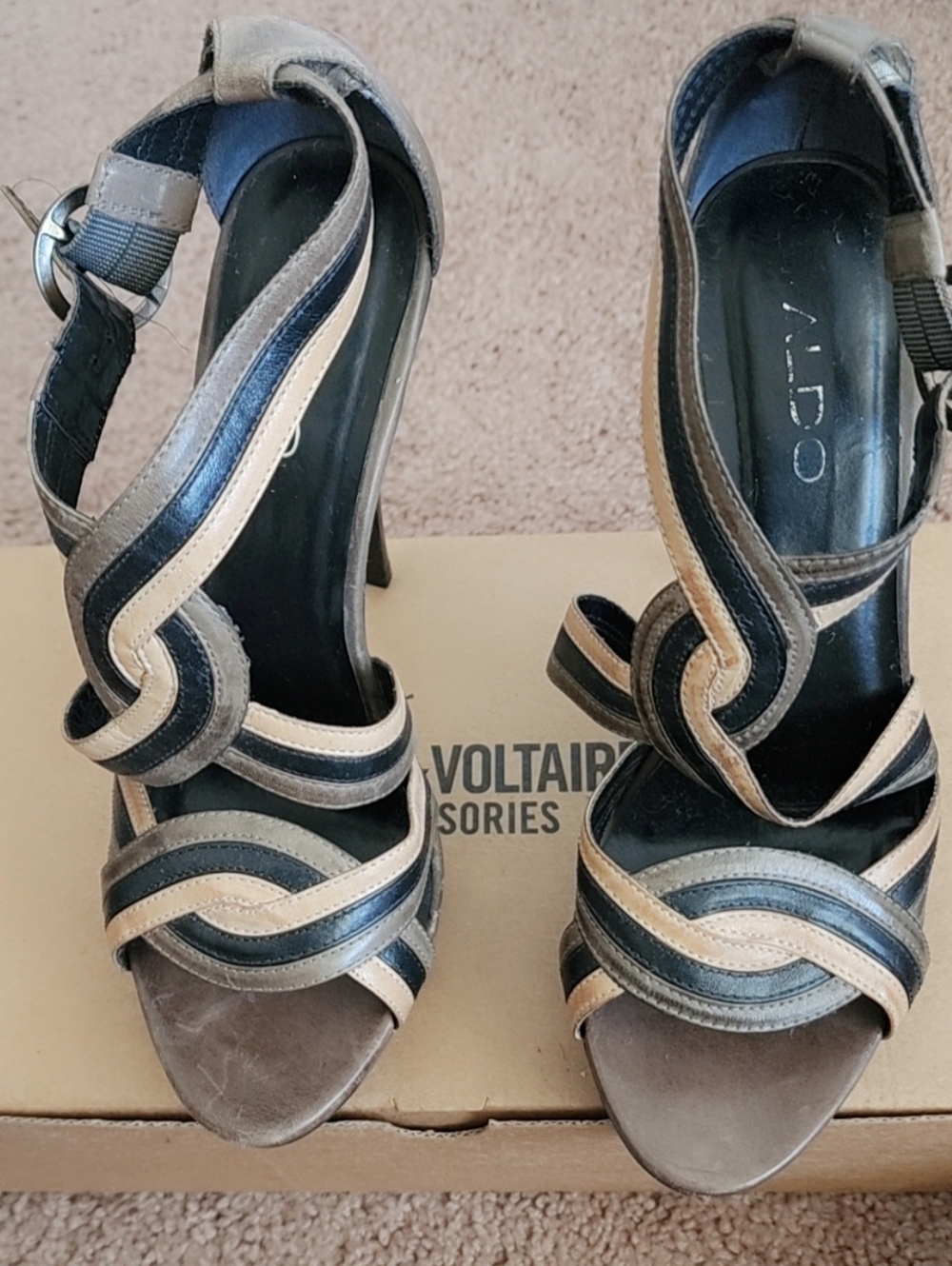 Aldo Black and Tan Wave-Strap High Heel Sandals
